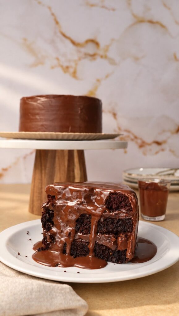 Bolo Matilda #200 da Sodiê Doces com cobertura de chocolate e calda quente servida à parte em um bule.